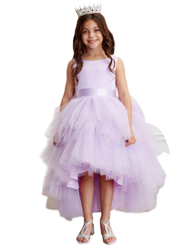 Little Girls Lilac Sash Ruffled Tulle High Low Flower Girl Dress 2-6 - SophiasStyle.com
